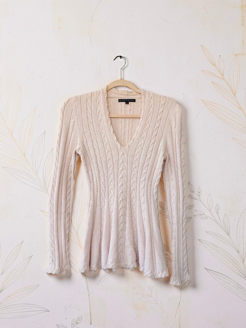 Antonio Melani Cable Knit Sweater Womens Small Cream V Neck Flared Hem
